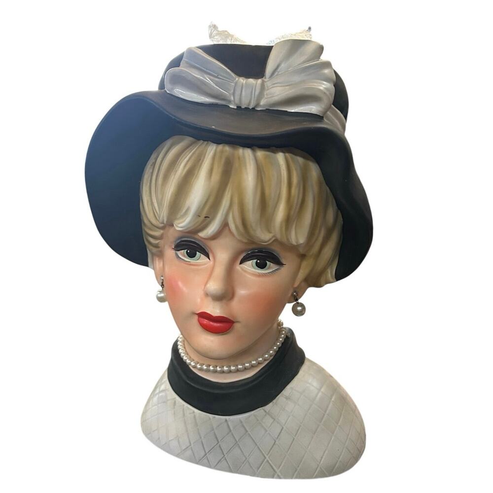 Head Vase C7498 - Black and White with Hat and pearl jewelry
